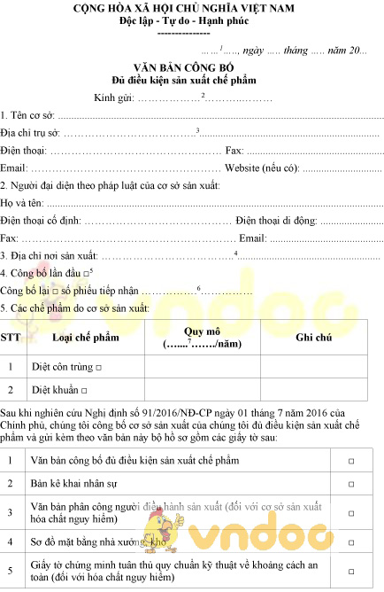 Mẫu văn bản công bố đủ điều kiện sản xuất chế phẩm
