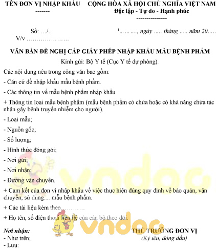 Mẫu văn bản đề nghị cấp giấy phép nhập khẩu mẫu bệnh phẩm