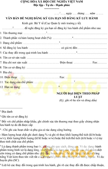 Văn bản đề nghị đăng ký gia hạn số đăng ký lưu hành chế phẩm