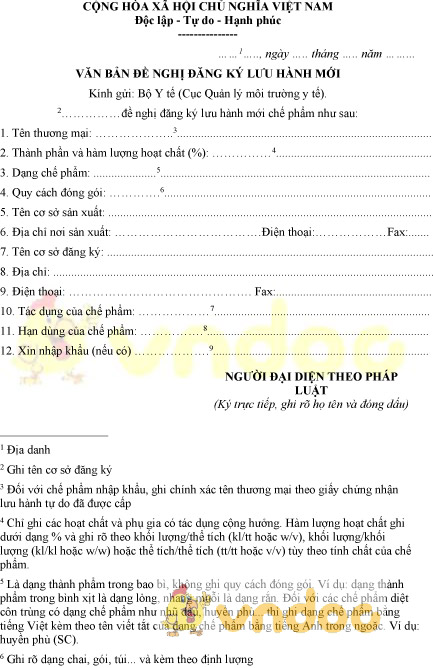 Mẫu văn bản đề nghị đăng ký lưu hành mới