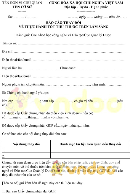 Mẫu báo cáo thay đổi thực hành tốt thử thuốc trên lâm sàng