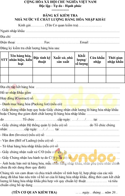 Mẫu đăng ký kiểm tra nhà nước về chất lượng hàng hóa nhập khẩu