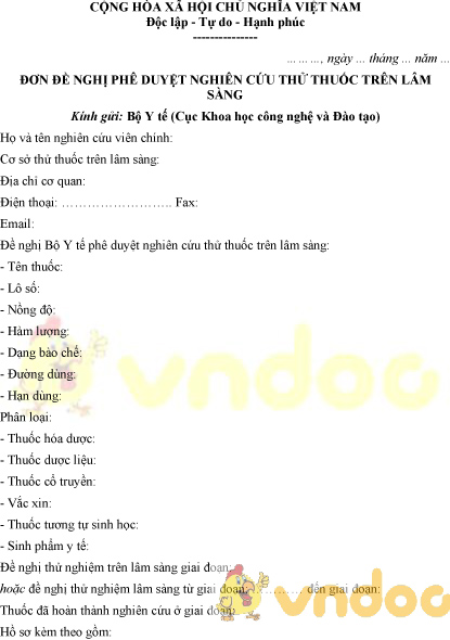 Mẫu đơn đề nghị phê duyệt nghiên cứu thử thuốc trên lâm sàng