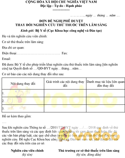 Mẫu đơn đề nghị phê duyệt thay đổi nghiên cứu thử thuốc trên lâm sàng