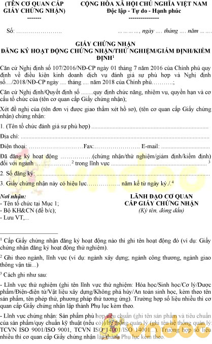 Mẫu giấy chứng nhận đăng ký hoạt động chứng nhận, thử nghiệm, giám định, kiểm định