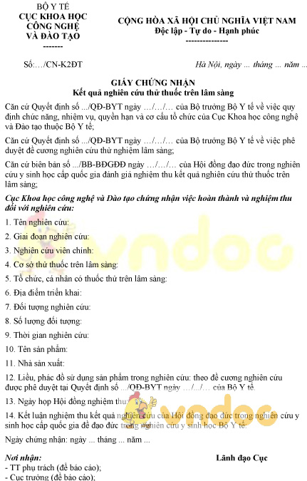 Giấy chứng nhận kết quả nghiên cứu thử thuốc trên lâm sàng