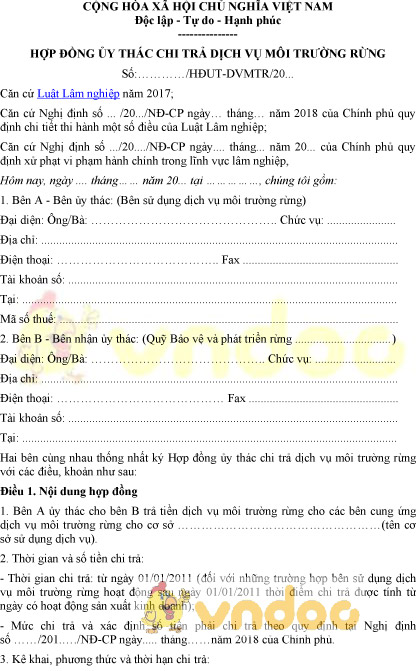 Mẫu hợp đồng ủy thác chi trả dịch vụ môi trường rừng