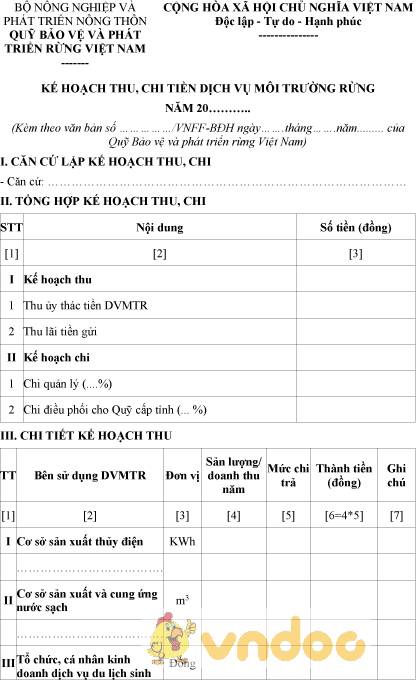 Mẫu kế hoạch thu, chi tiền dịch vụ môi trường rừng