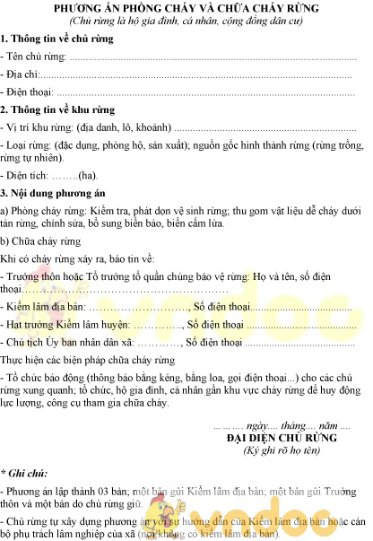 Mẫu phương án phòng cháy và chữa cháy rừng của cá nhân