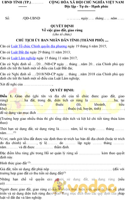 Mẫu quyết định giao đất, giao rừng