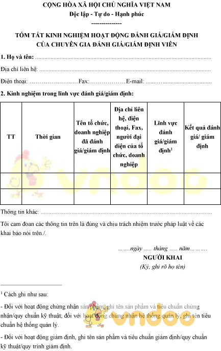 Mẫu tóm tắt kinh nghiệm hoạt động đánh giá, giám định