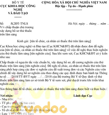 Mẫu văn bản chấp thuận nghiên cứu thử thuốc trên lâm sàng