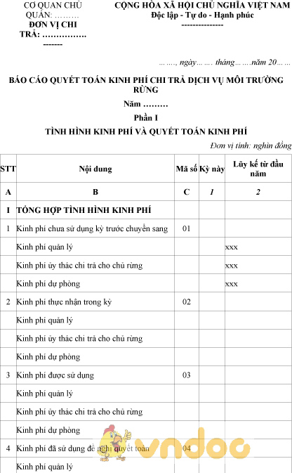 Mẫu báo cáo quyết toán kinh phí chi trả dịch vụ môi trường rừng