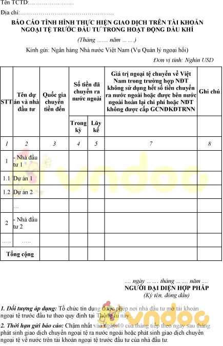 Mẫu báo cáo tình hình thực hiện giao dịch trên tài khoản ngoại tệ trước đầu tư