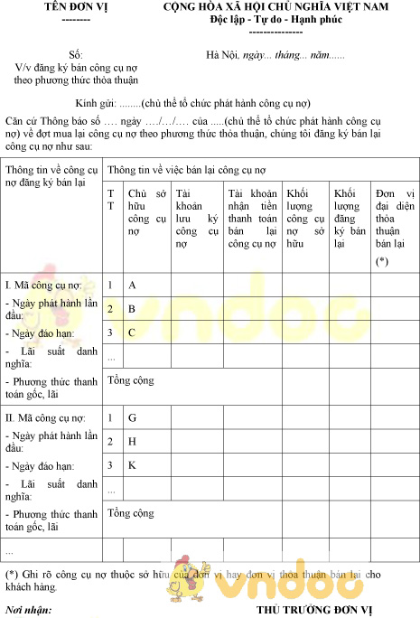 Mẫu đăng ký bán công cụ nợ theo phương thức thỏa thuận