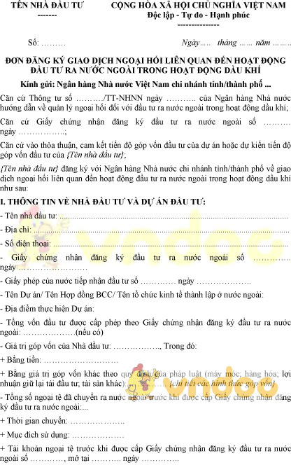 Mẫu đơn đăng ký giao dịch ngoại hối liên quan đến đầu tư ra nước ngoài
