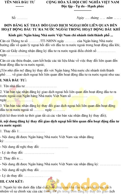 Đơn đăng ký thay đổi giao dịch ngoại hối liên quan đến đầu tư ra nước ngoài