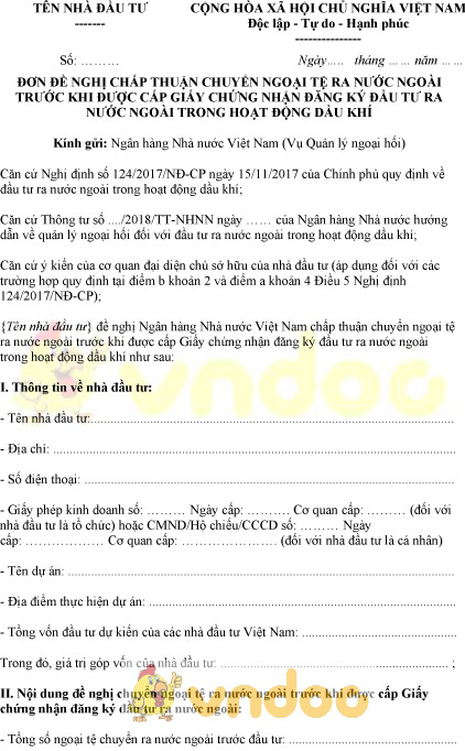 Mẫu đơn đề nghị chấp thuận chuyển ngoài tệ ra nước ngoài