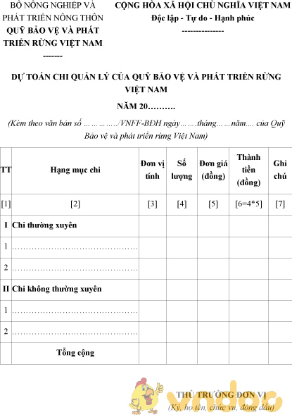 Mẫu dự toán chi quản lý quỹ bảo vệ và phát triển rừng Việt Nam