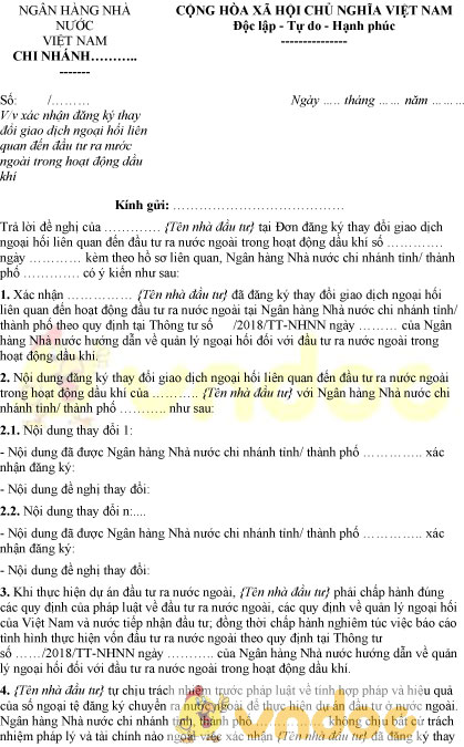 Mẫu giấy xác nhận đăng ký thay đổi giao dịch ngoại hối liên quan đến đầu tư ra nước ngoài