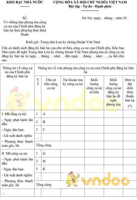 Mẫu thông báo phong tỏa công cụ nợ 