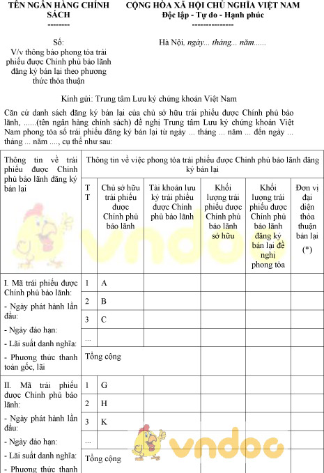 Mẫu thông báo phong tỏa trái phiếu
