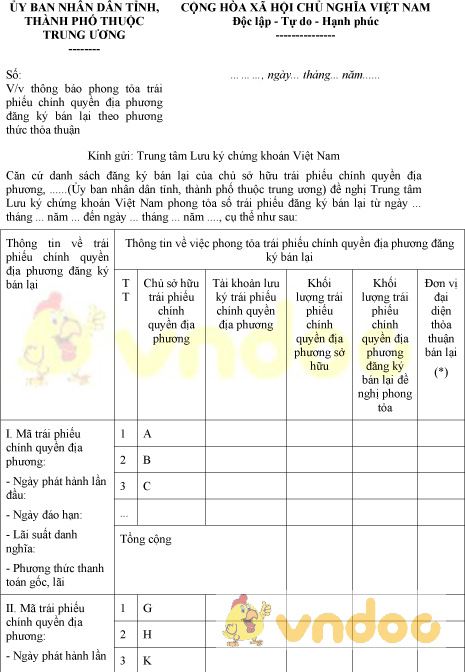 Mẫu thông báo phong tỏa trái phiếu chính quyền địa phương đăng ký bán lại