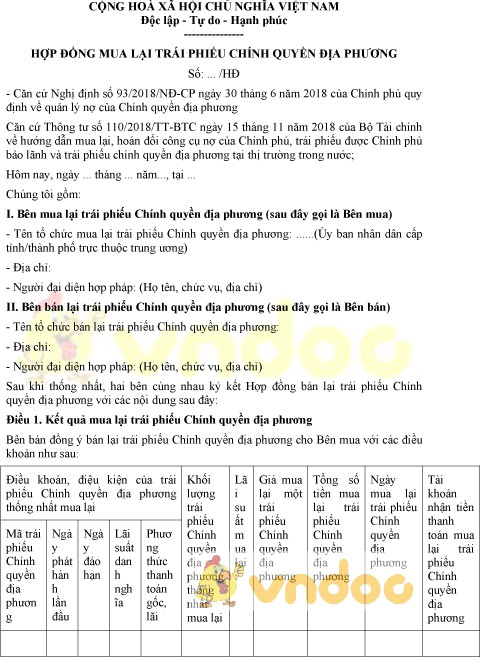 Mẫu hợp đồng mua lại trái phiếu của chính quyền địa phương