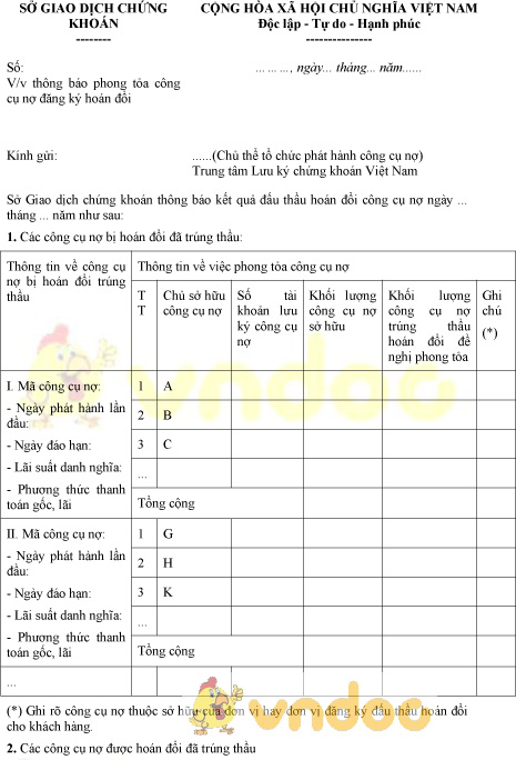 Mẫu thông báo phong tỏa công cụ nợ đăng ký hoán đổi