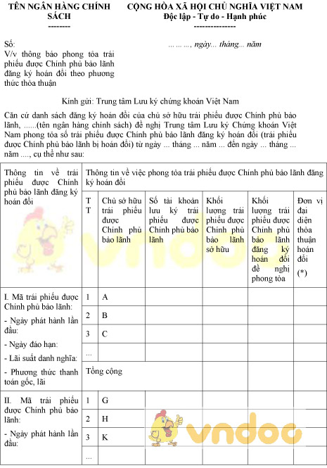 Mẫu thông báo phong tỏa trái phiếu đăng ký hoán đổi