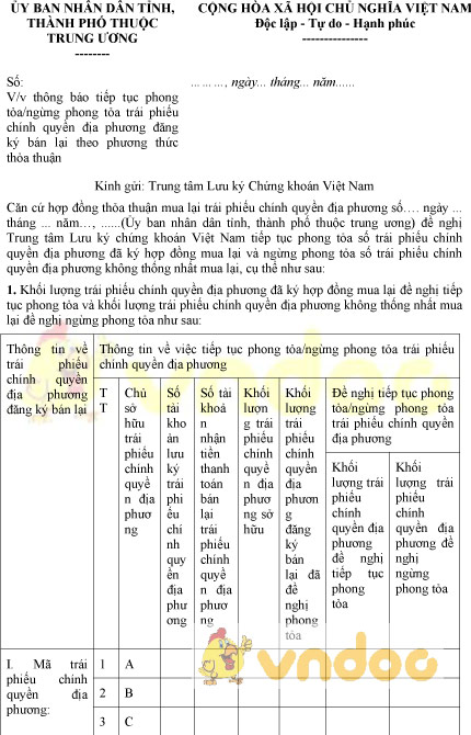 Mẫu thông báo tiếp tục phong tỏa, ngừng phong tỏa trái phiếu chính quyền địa phương
