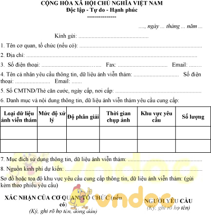 Mẫu phiếu yêu cầu cung cấp thông tin, dữ liệu ảnh viễn thám