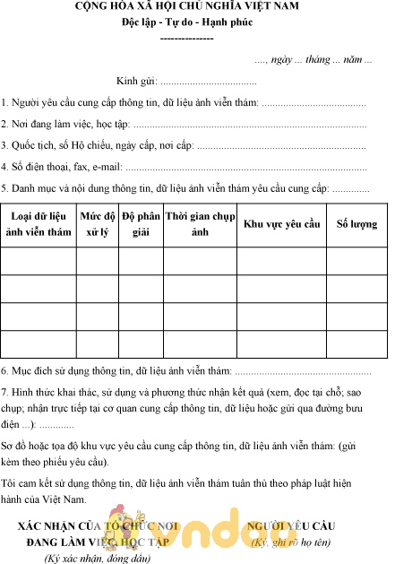 Mẫu phiếu yêu cầu cung cấp thông tin, dữ liệu ảnh viễn thám đối với người nước ngoài
