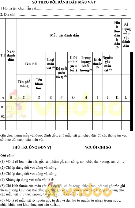 Mẫu sổ theo dõi đánh dấu mẫu vật