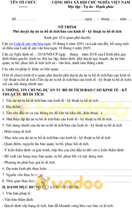 Tờ trình phê duyệt dự án tu bổ di tích