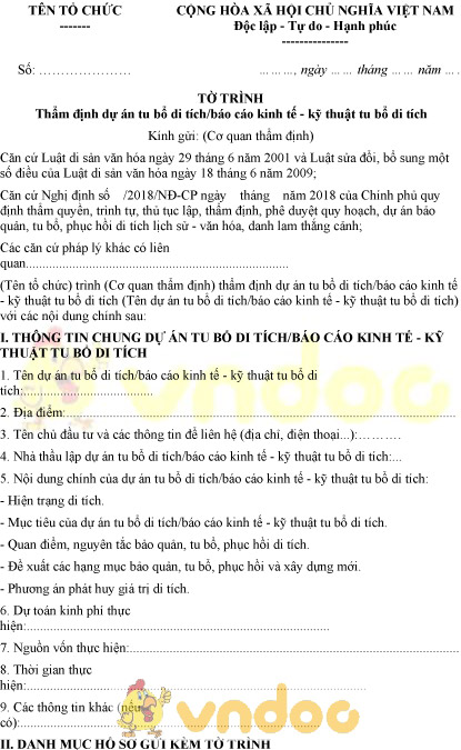 Mẫu tờ trình thẩm định dự án tu bổ di tích