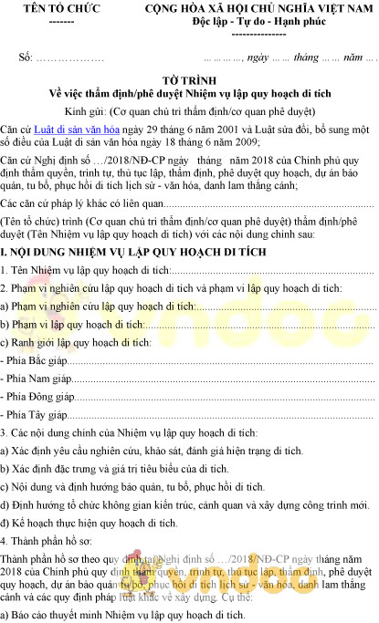 Mẫu tờ trình thẩm định, phê duyệt nhiệm vụ lập quy hoạch di tích