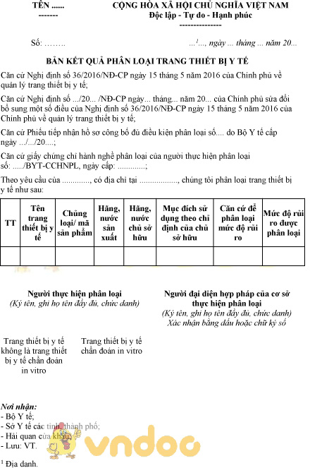 Mẫu bản kết quả phân loại trang thiết bị y tế