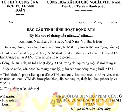 Mẫu báo cáo tình hình hoạt động ATM của tổ chức cung ứng dịch vụ thanh toán