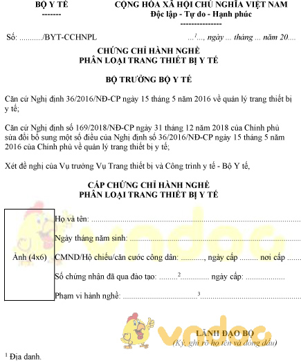 Mẫu chứng chỉ hành nghề phân loại trang thiết bị y tế