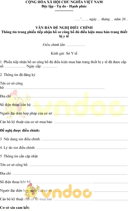 Mẫu văn bản đề nghị điều chỉnh thông tin phiếu công bố đủ điều kiện mua bán trang thiết bị y tế