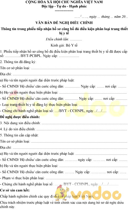 Văn bản đề nghị điều chỉnh thông tin trong phiếu tiếp nhận hồ sơ công bố đủ điều kiện phân loại trang thiết bị y tế