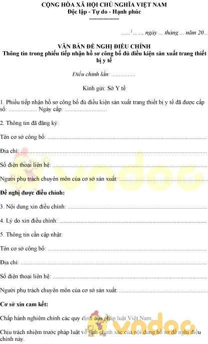 Mẫu văn bản đề nghị điều chỉnh thông tin phiếu công bố đủ điều kiện sản xuất trang thiết bị y tế
