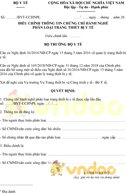 Mẫu điều chỉnh thông tin chứng chỉ hành nghề phân loại trang thiết bị y tế