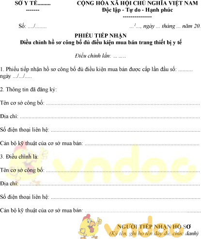Mẫu phiếu tiếp nhận điều chỉnh hồ sơ công bố đủ điều kiện mua bán trang thiết bị y tế
