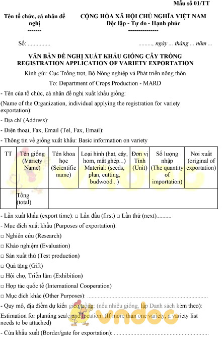 Mẫu số 01/TT văn bản đề nghị xuất khẩu giống cây trồng