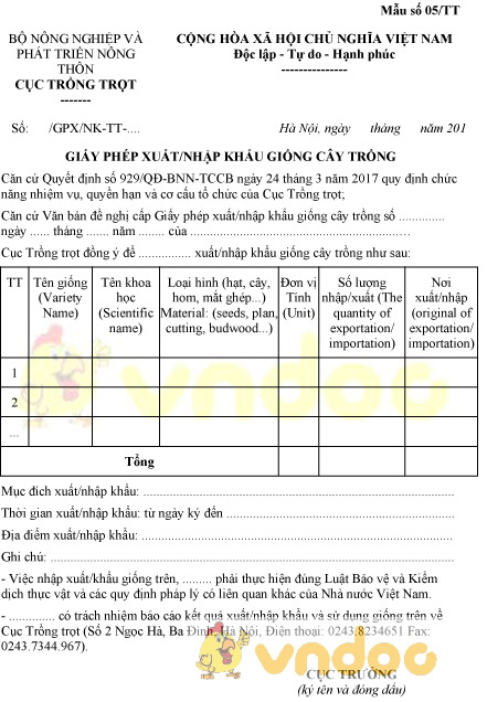 Mẫu số 05/TT giấy phép xuất, nhập khẩu giống cây trồng