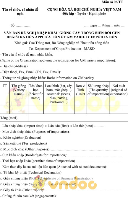 Mẫu số 06/TT văn bản đề nghị nhập khẩu giống cây trồng biến đổi gen