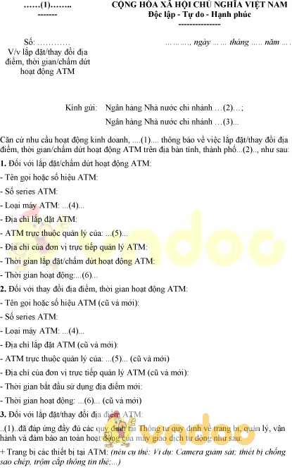 Mẫu thông báo lắp đặt, thay đổi địa điểm, thời gian chấm dứt hoạt động ATM