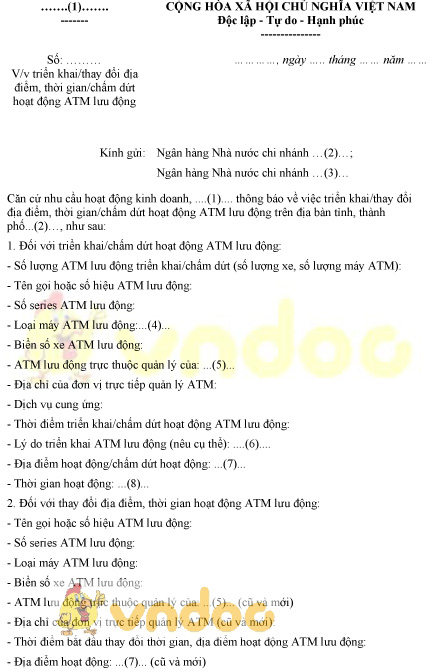 Mẫu thông báo triển khai, thay đổi địa điểm, thời gian chấm dứt hoạt động ATM lưu động